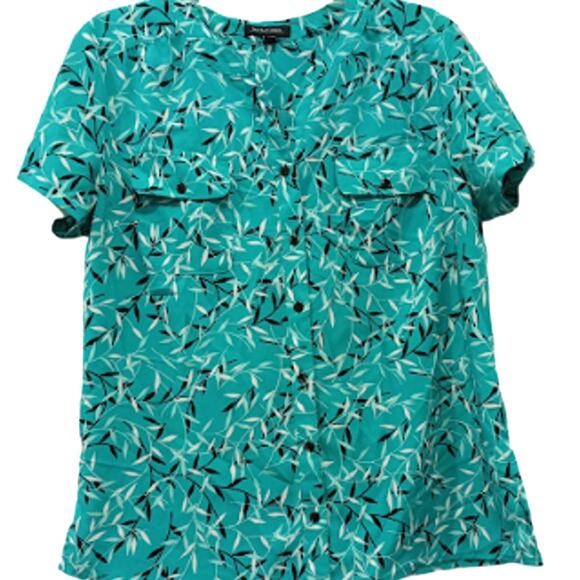 Teal Notations Blouse with Leaf Pattern Size Large - Picture 1 of 4